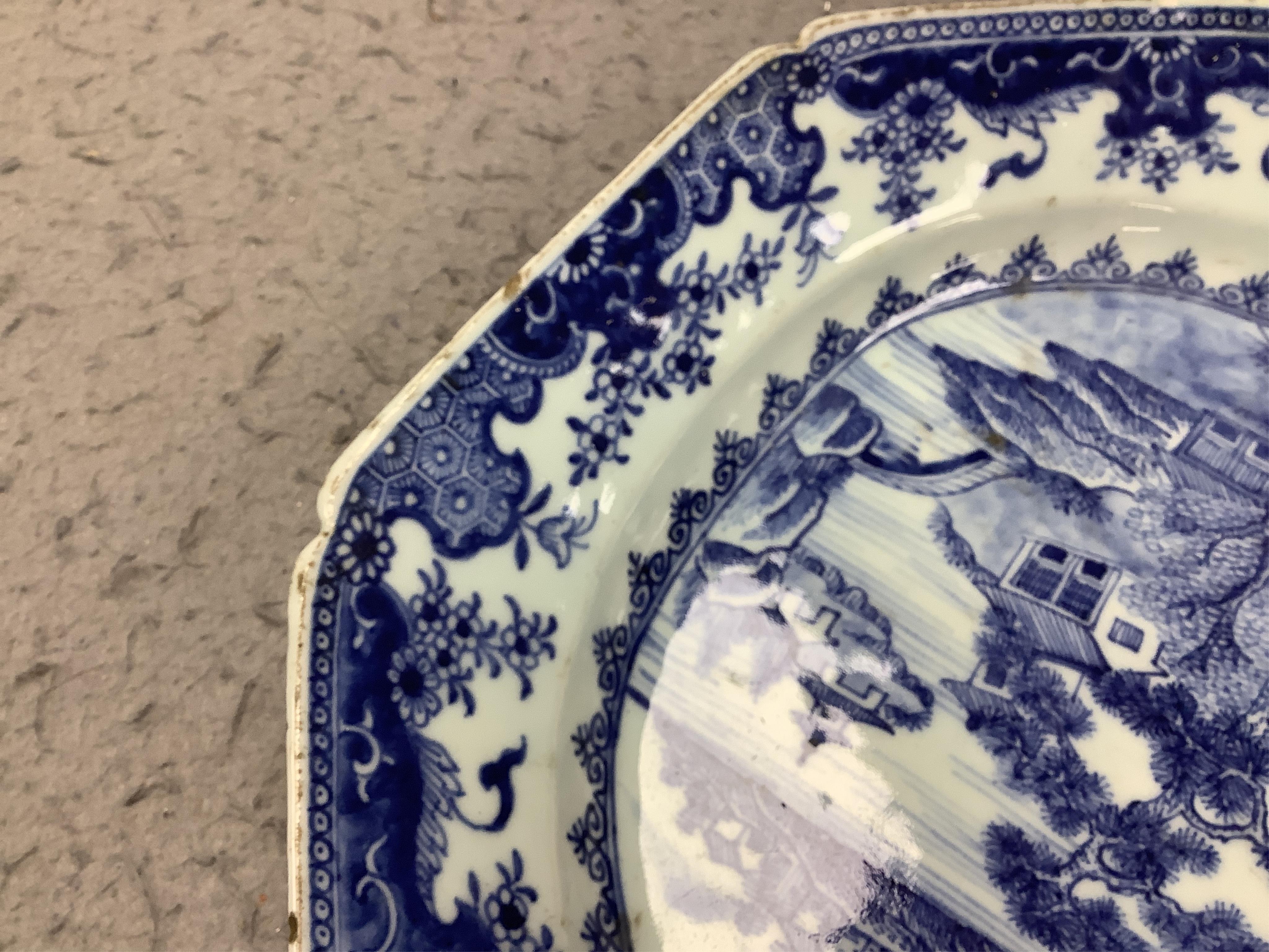 An 18th century Chinese octagonal export blue and white dish, 41cm wide. Condition - fair